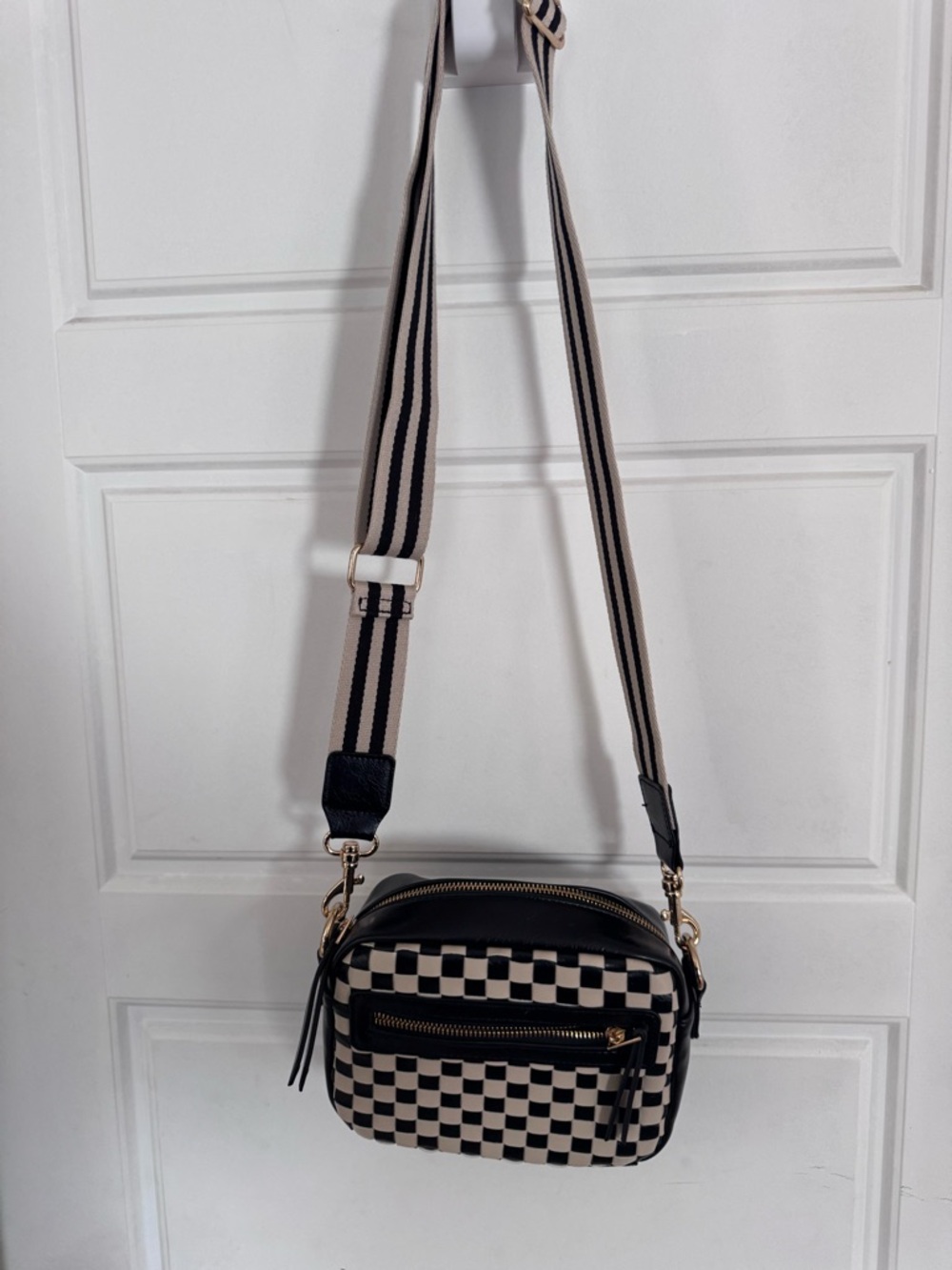 Universal Thread Black and Cream Checker Crossbody Bag with Striped Strap